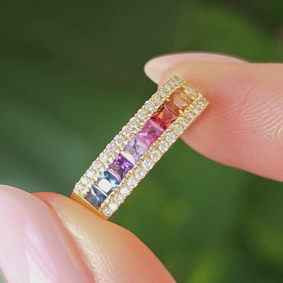 Colourful sapphires  ring and natural round brilliant diamonds for added sparkle, set in 18ct gold.