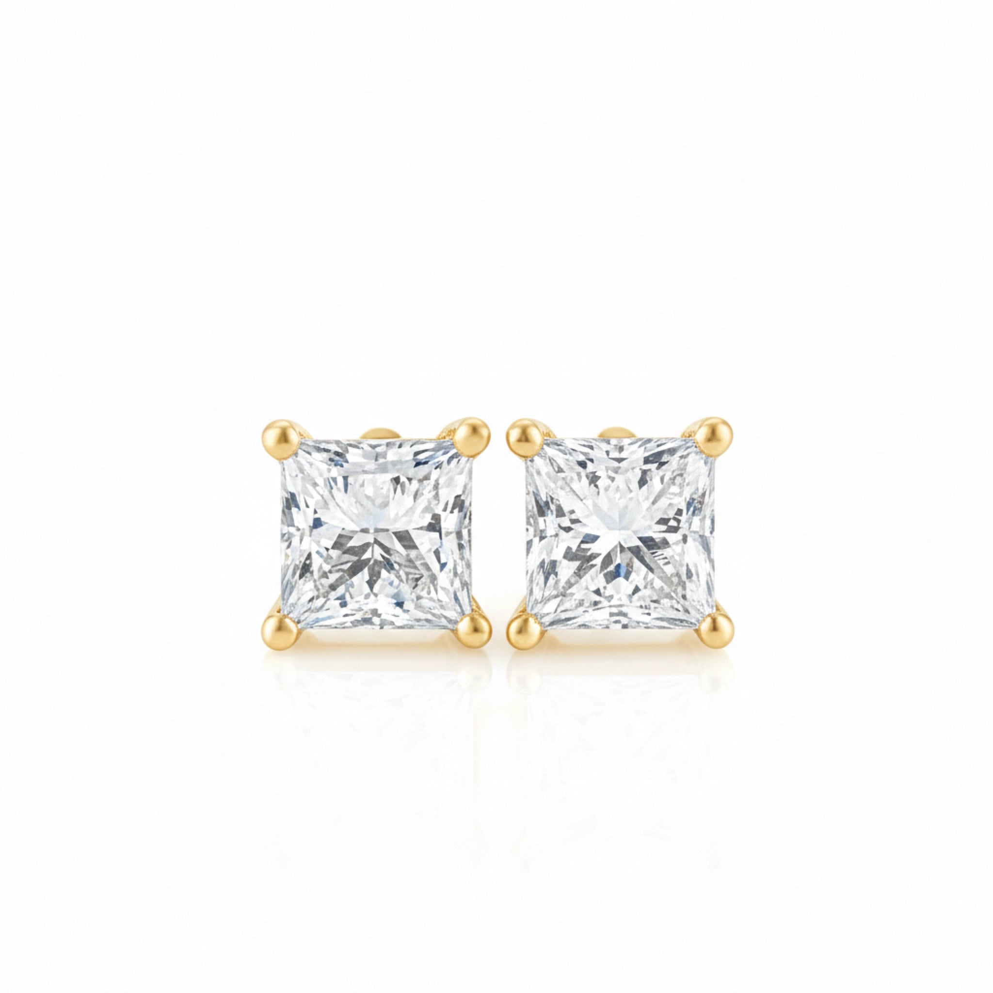 Princess Cut diamond stud earrings yellow gold