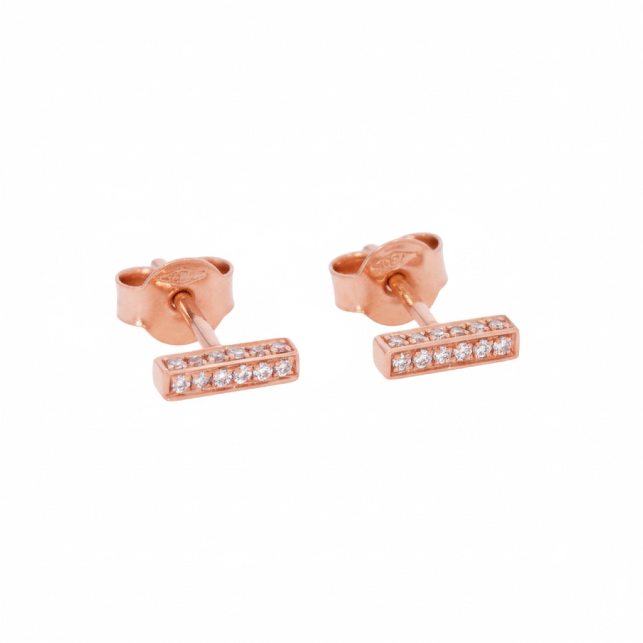 Stylish small rose gold bar earrings featuring certified diamond accents, perfect for stacking or wearing alone.
