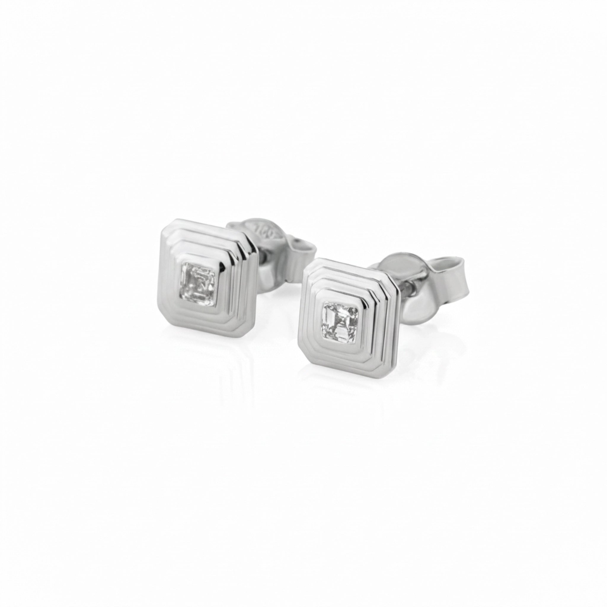 White gold square stud earrings with diamonds on a white background